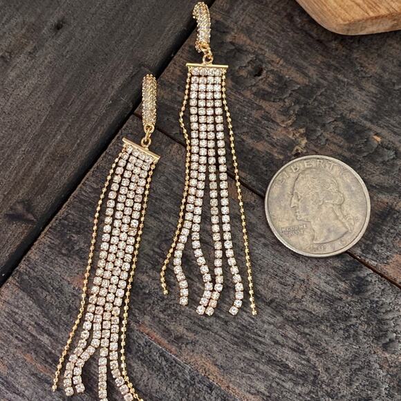 NEW Rhinestones & Gold Fringe Statement Earrings - Picture 12 of 14